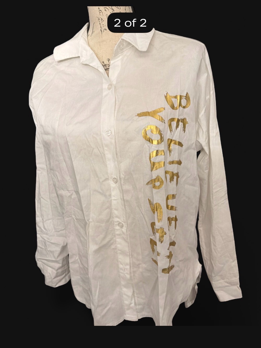 White Long-Sleeve Button Shirt with Gold Script